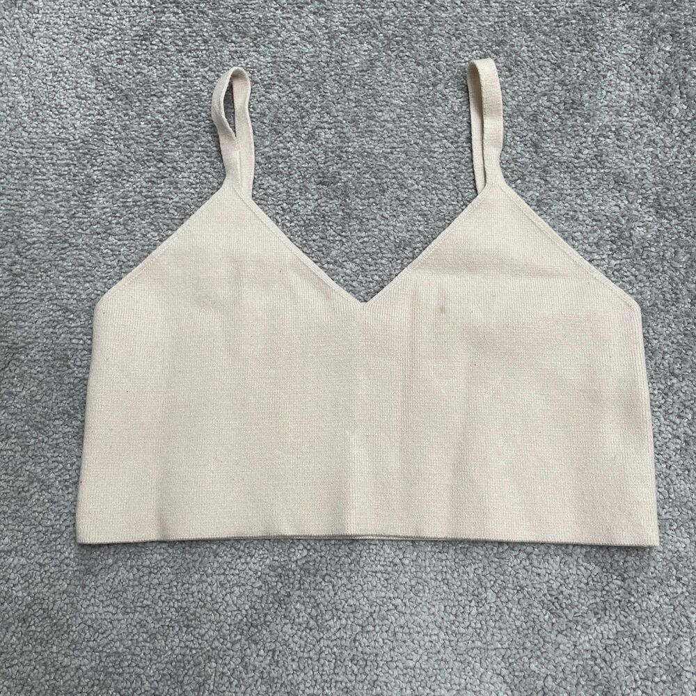 Zara Knitted Cropped Camisole Tank Top Womens Medium Beige V-Neck Stretch Casual
